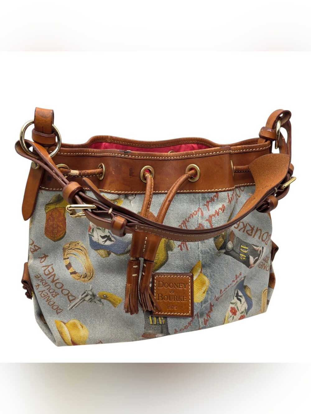 Dooney & Bourke Western Cowboy Print Canvas And Leather Drawstring Shoulder Bag